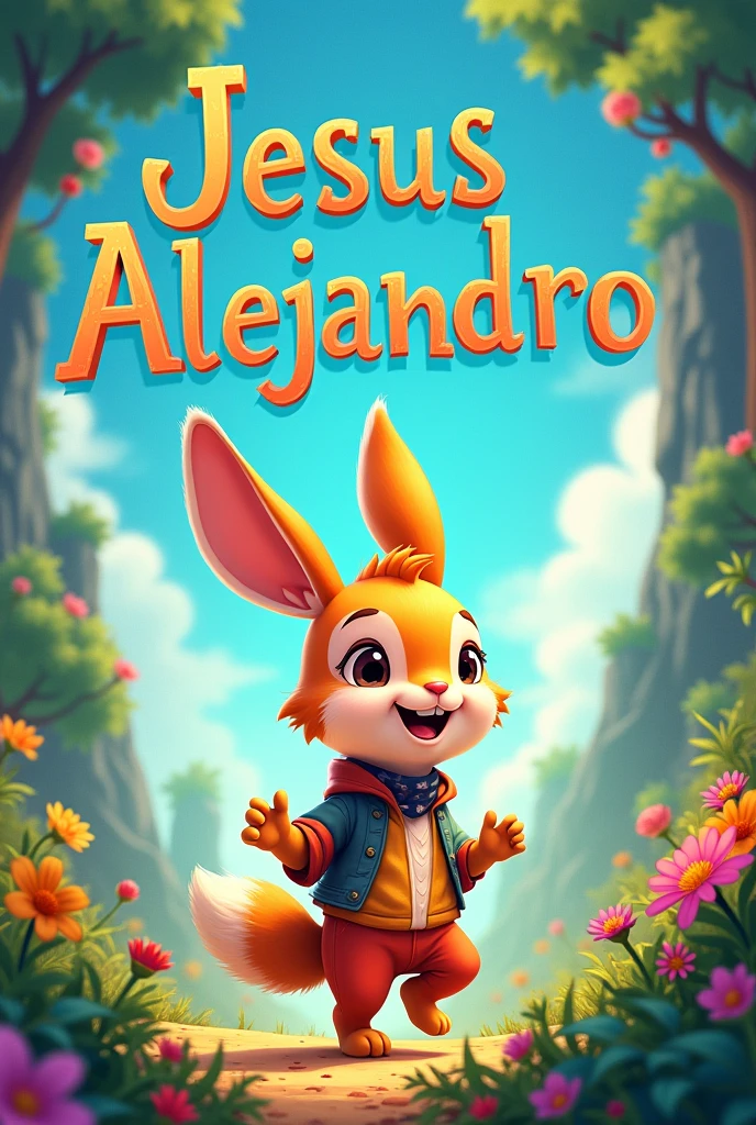 Make a cover for an animated book Write the written name of Jesus Alejandro at the top as a title, It also includes an animated animal with clothes but that is not fictitious and is colorful.

