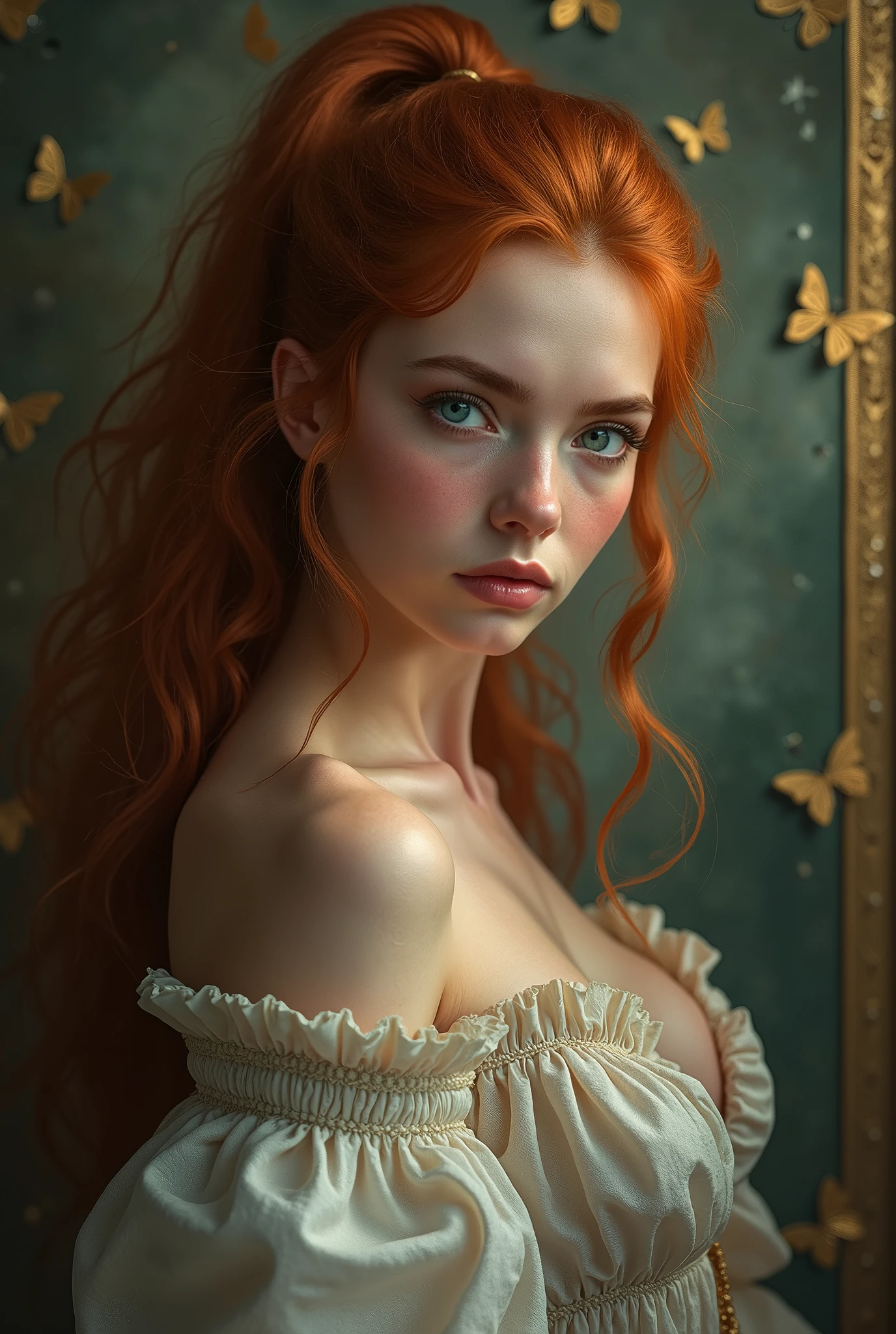 (solo, full body photo:1.3), (action packed:1.3), (haze, fog, mist:1.3), chiaroscuro, best quality, photorealistic, 1woman, (cute), (24yo:1.2), redhead, long ginger hair highly detailed, 1700'S, digital photography, art by artgerm and ruan jia and greg rutkowski surreal painting gold butterfly filigree, broken glass, (masterpiece, sidelighting, finely detailed Fashionable eyes: 1.2) (perfect oval large eyes that gazes at the viewer), beautiful detailed face, blue gorgeous perfect eyes, (blonde hair ponytail), (attractive young woman:1.3), (thick amazing hair), (seductive:1.1), (blushing:1.1) face Inna
