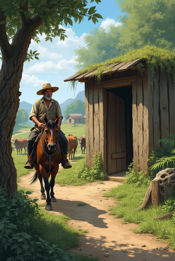 Like a muleteer (farmer) arrives at a shelter (for one person) horse riding, and that the cattle are enclosed in a green area with good vegetation.