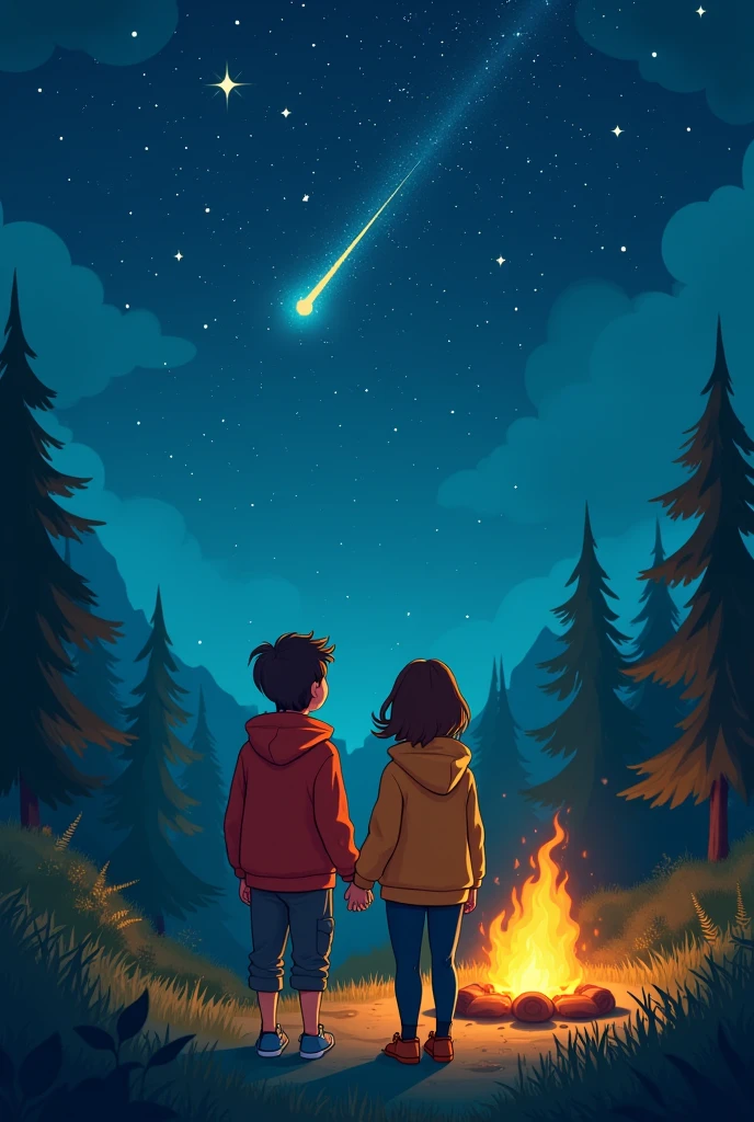 a couple holding hands in hoodies camping watching a shooting star at night animated children&#39;s
