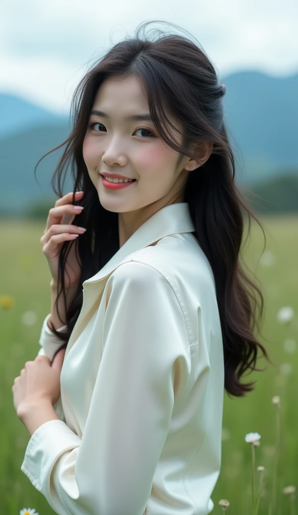 (Masterpiece),(complication:1.3),(Realistic),Young woman,, A cute bright smile.,(Beautiful long black hair with slight curls.), Blue eyes,Slightly chubby, big breasts, (Thai face), (Very beautiful face), white skin, small, Wear shorts, Stand sideways and grab my hair, (The wind blows gently from right to left.), There are small flowers.,(Wear a white silk shirt that shows both shoulders.),Has uniqueness,(Located in an open area, with grasslands and mountains.),Can be viewed in many formats,see the whole body,Beautifully detailed,Be natural,Complex light lines,Show after image,Professional Photographer,Have clarity,dramatic,Awarded globally,Cinematic lighting,(film grain,Blurred background,Blurred background,bokeh,depth of field)