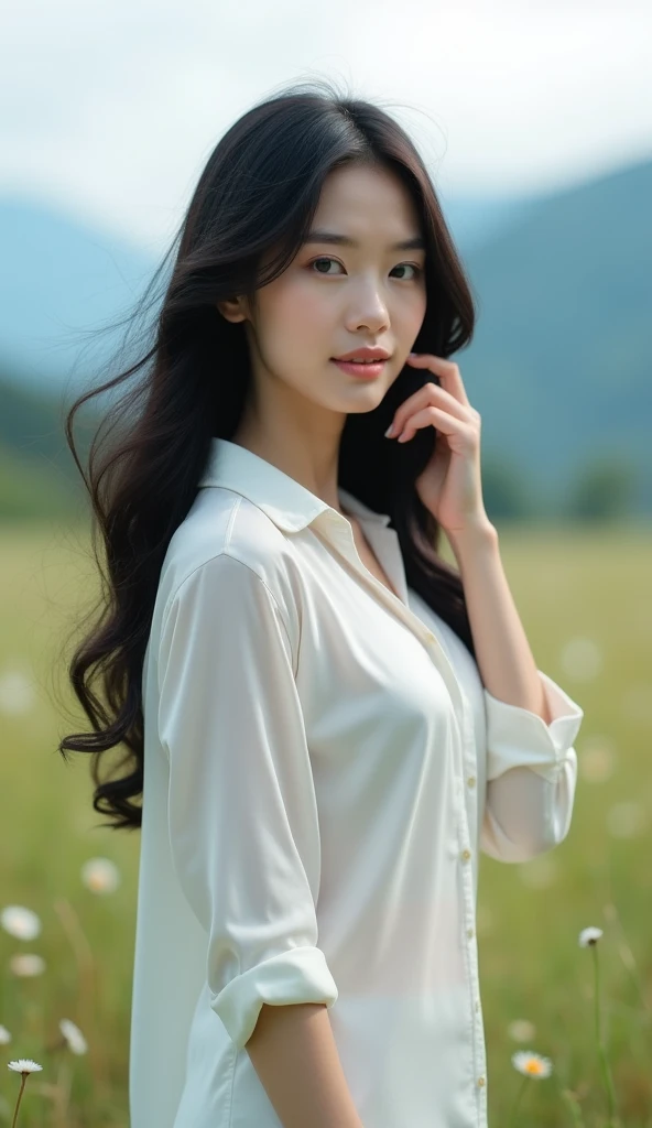 (Masterpiece),(complication:1.3),(Realistic),Young woman,, A cute bright smile.,(Beautiful long black hair with slight curls.), Blue eyes,Slightly chubby, big breasts, (Thai face), (Very beautiful face), white skin, small, Wear shorts, Stand sideways and grab my hair, (The wind blows gently from right to left.), There are small flowers.,(Wear a white silk shirt that shows both shoulders.),Has uniqueness,(Located in an open area, with grasslands and mountains.),Can be viewed in many formats,see the whole body,Beautifully detailed,Be natural,Complex light lines,Show after image,Professional Photographer,Have clarity,dramatic,Awarded globally,Cinematic lighting,(film grain,Blurred background,Blurred background,bokeh,depth of field)
