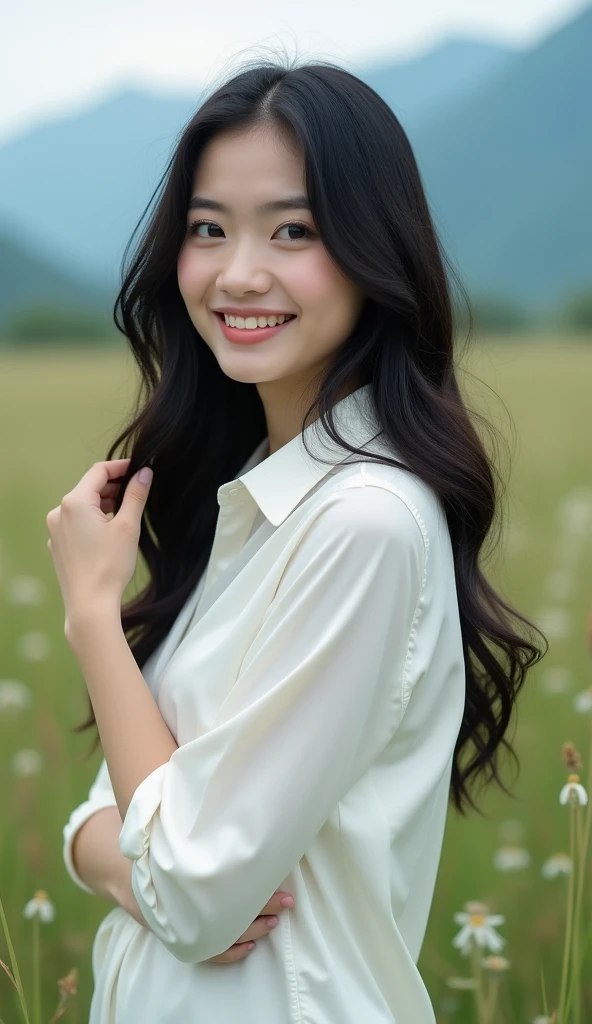 Prompt for creating art images:

Title of the work: "The Wind of Youth"

Description of work:

Create a masterpiece image with a high level of realism and beautiful details (Complexity: 1.3). It features a 1 in a pose that reflects her freshness and youth.

Characteristics of the young woman:

Age: 17 years
Mood: Cute and bright smile
Hair: Long, beautiful black hair with slight curls.
Eyes: Blue eyes
Face: Very beautiful Thai face.
Skin: Fair skin
Figure: , big breasts
Clothing: Wear a white silk shirt that shows both shoulders and a short skirt.
Posture: leaning sideways, holding hair, wind blowing gently from right to left
Additional details: There are small flowers in the hair.
Scenes and environments:

Location: Outdoors in an open area with grasslands and mountains in the background.
Lighting: Use dramatic lighting to create a striking atmosphere.
Techniques used: Film grain and bokeh are used to add detail and beauty to the image.
Sharpness: The image should have high sharpness, with background and foreground blurred to emphasize the subject.
Uniqueness: Should be natural and look delicate and beautiful.
Quality: Must be viewable in multiple formats and have beautiful resolution, be professionally photographed, have high definition and have won world-class awards.
Presentation:

Point of view: Shows the full body of the woman in a natural pose.
Light and shadow: Lighting must clearly show the subtle play of light and shadow.