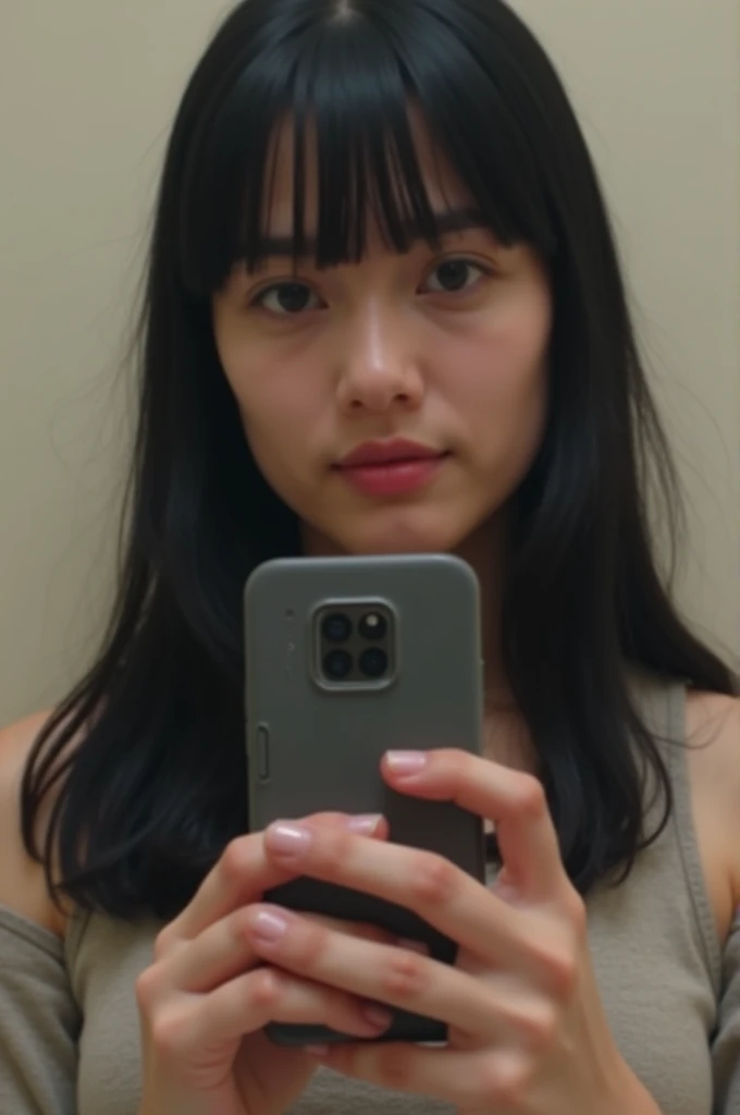 there is a woman that is laying down with a cell phone, selfie of a young woman, she is facing the camera, frontal picture, iphone selfie, 8k selfie photograph, webcam footage, low quality video, webcam screenshot, with straight black hair, snapchat photo, looking straight to camera, looking up at camera, very very low quality picture, blurry image, blurry face