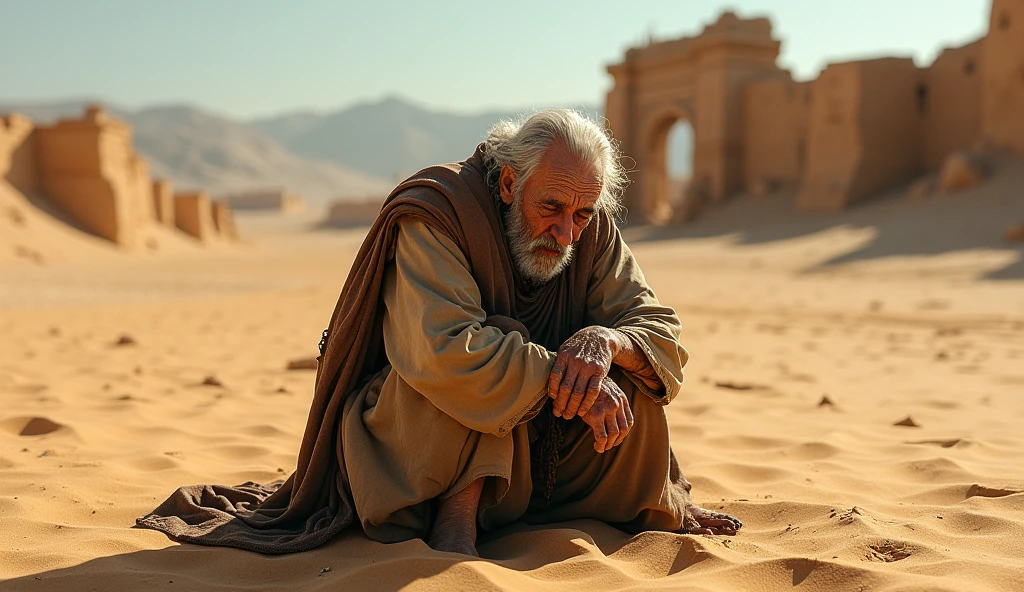 old man crying kneeling in ancient clothes in desert with ruined wall in background