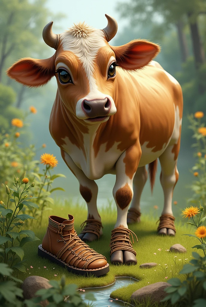 A cow eating Grass and cow dreshing a footwear 