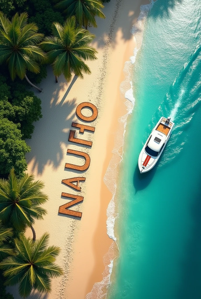 The image shows an aerial view of a palm-fringed beach. A sports boat can be seen in the water at the beach. in the sand, the words are written in large letters "NAUTIPRO". The combination of tropical vegetation and sandy shore creates an interesting contrast in the image..