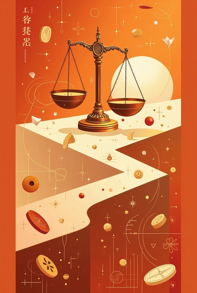 poster design,The visual center is the scales representing law,Gold Tone,Wealth Elements,Illustration Design,Flat,abstract,Screen subject pull up