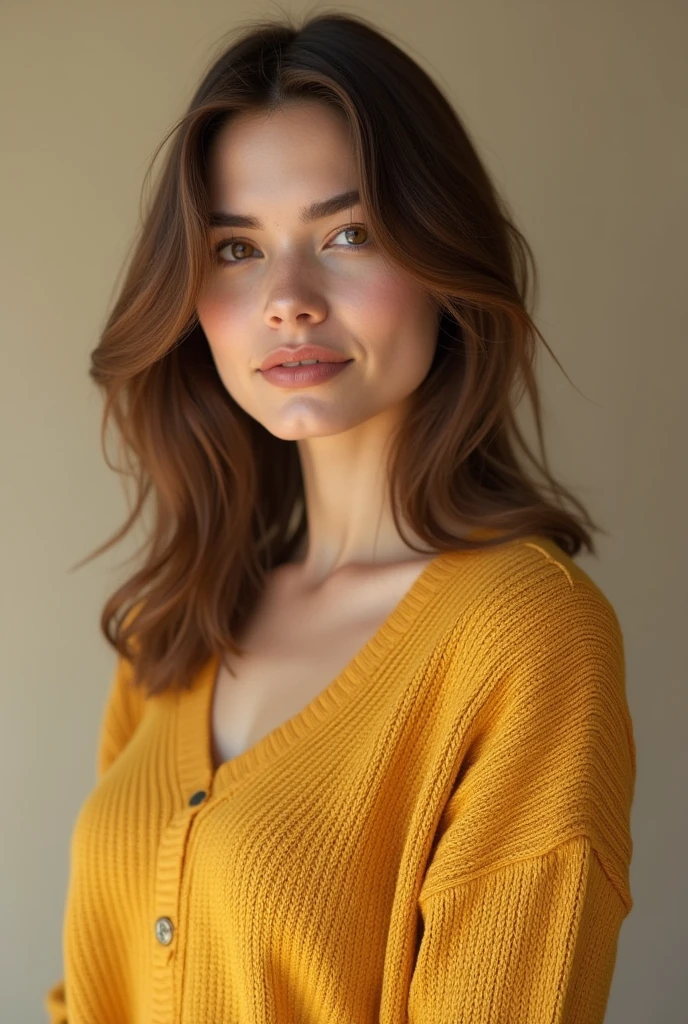 realistic image Woman with light brown hair of 32 with 18k knitwear