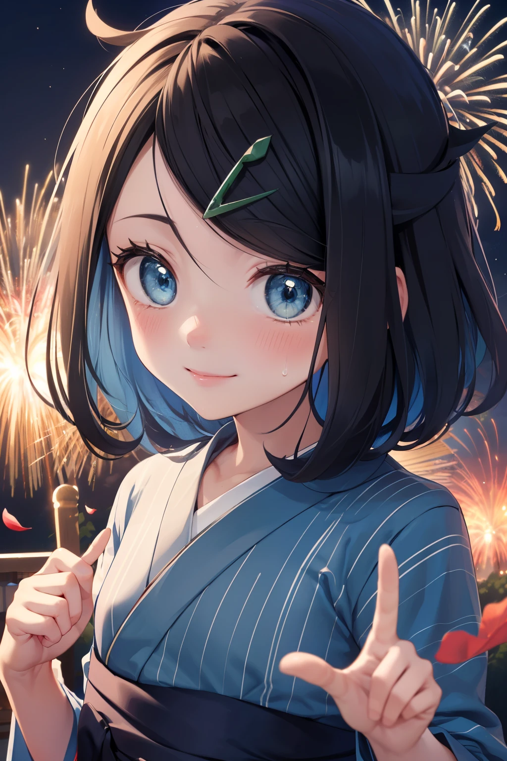 (nsfw), (masterpiece, Highest quality, 8K ultra-high resolution:1.4), ****, kawaii, Pokemon Riko, open blouse, ((水色のFrillsのブラジャー)), (A colorful navy blue yukata, Frills, night: 1.4), (Summer festival), ((turn around)), Beautiful Eyes,Flash photography, Backlight,  ((Close-up of face:1.4)), (The best smile:1.4), (Show your palm to the camera), (Beckon), Written boundary depth, Dramatic portrayal, (Colorful fireworks background), Focus of the film, , Emotional composition, Emotional engine full throttle BREAK Young and cute, Slender body, Flat Chest, Highly detailed glossy skin,Sweat,  完璧なPokemon Riko
, Wind, detailed in the Wind, petals dancing in the Wind
BREAK
ultra detailed crystal eyes, Eyes like shining jewels