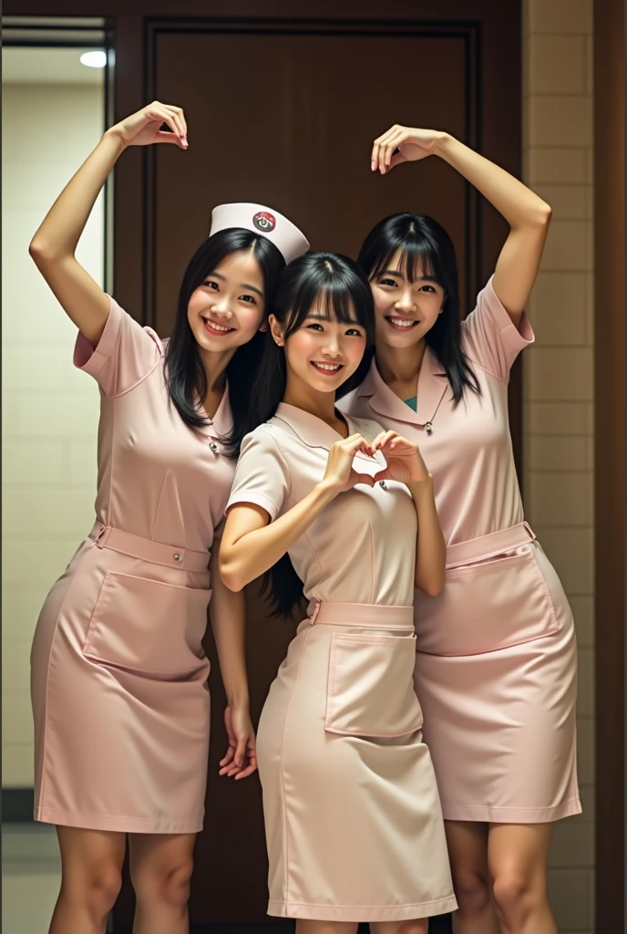 photograph, cowboy shot, three women with hands together making heart shape, smiling beautiful Japanese female nurses wearing nurse uniform, hourglass figure, beautiful detailed face, black hair, pale skin, fair skin, realistic skin, detailed cloth texture, detailed hair texture, Perfect proportion, Anatomically correct, Highly detailed face and skin texture, private modern hospital room, looking at viewer, asian face , perfect anatomy, realistic