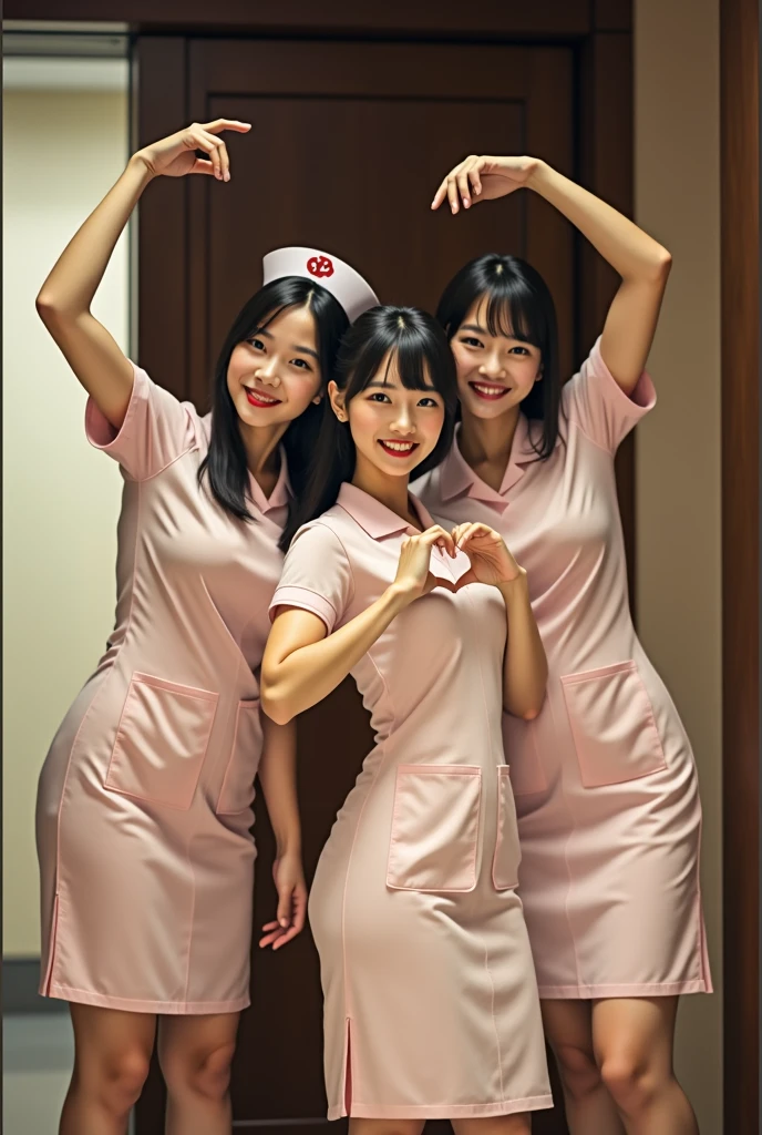 photograph, cowboy shot, three women with hands together making heart shape, smiling beautiful Japanese female nurses wearing nurse uniform, hourglass figure, beautiful detailed face, black hair, pale skin, fair skin, realistic skin, detailed cloth texture, detailed hair texture, Perfect proportion, Anatomically correct, Highly detailed face and skin texture, private modern hospital room, looking at viewer, asian face , perfect anatomy, realistic