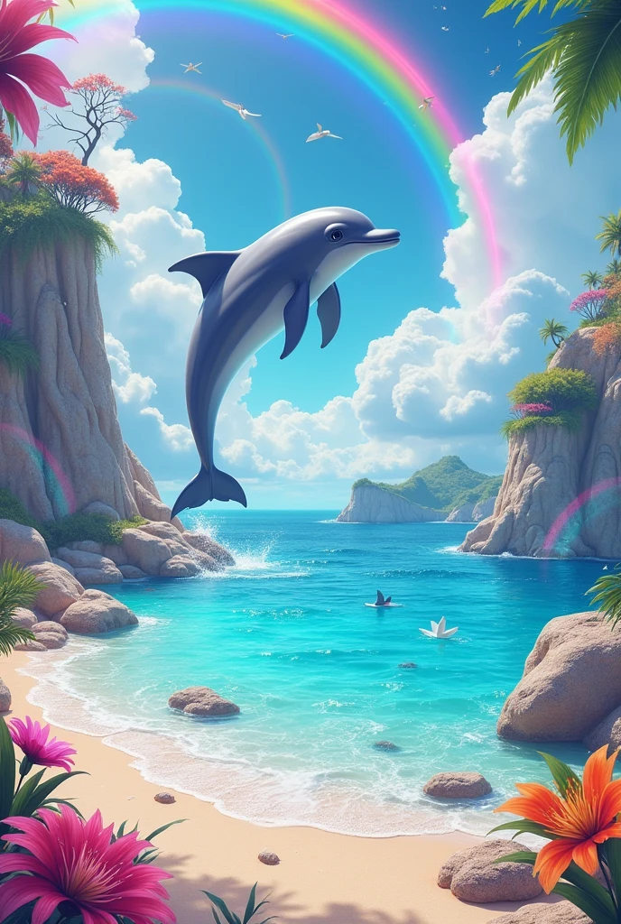 Dolphin on a colorful beach with colorful aspects And rainbow and colorful clouds and rainbow rainbow very colorful rainbow rainbow crystal clear water without colorful mountains in cute colorful