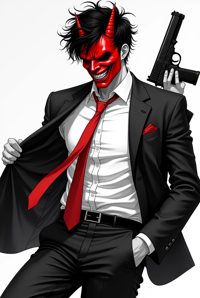 Draw a picture of a young man with black hair wearing a shirt and dress pants and a jacket and tie., He carries a gun in one of his hands and wears a devil mask on his face., Make the drawing in the style of a black and white manga and put a tie on it, make him look younger and make the mask red