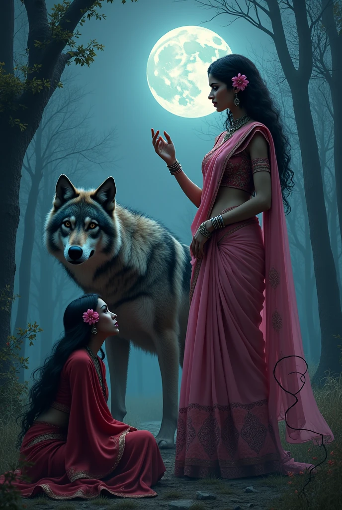 "Create a dark, mystical scene featuring a beautiful woman in a traditional Indian saree with intricate jewelry, standing confidently with one hand raised. Her saree is pink with detailed embroidery, and she has her hair styled elegantly with flowers. The setting is a moonlit night with a full moon in the background, casting an eerie glow over the landscape. There is a dense forest in the background with shadows of tall, ominous trees. To the right, a woman in a red saree is crouched near a large, imposing wolf, with an expression of concern or fear. The overall atmosphere should be haunting and mysterious, evoking a sense of supernatural elements