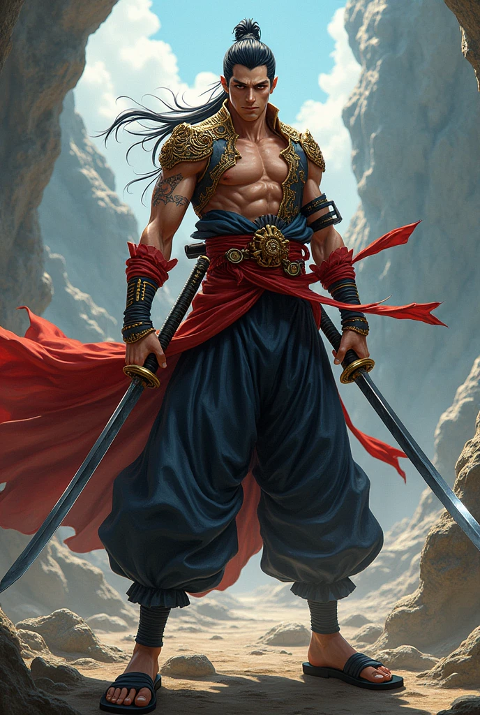 I want a male character that is inspired by the world of One Peace, who is thin and has two katanas like Tenge Uzui&#39;s.
