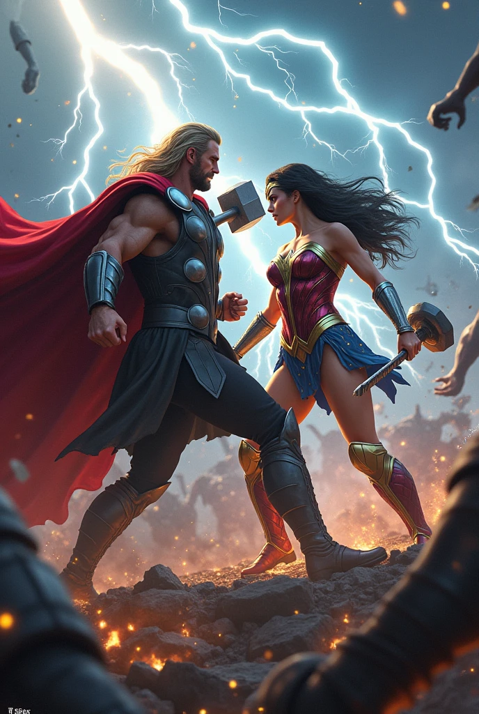 Chapter 2: An Uneasy AlliancePrompt: "Thor and Wonder Woman fighting side by side against hordes of demonic creatures. Thor swings Mjölnir, unleashing thunderbolts, while Wonder Woman wields her God Killer sword and shield. The scene is chaotic with debris, creatures, and dynamic action, showing their teamwork and strength in battle."
