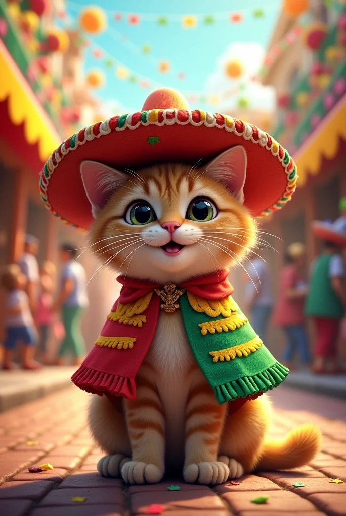 Un jolie chat avec un drapeau Mexique comme vêtements dans un carnaval