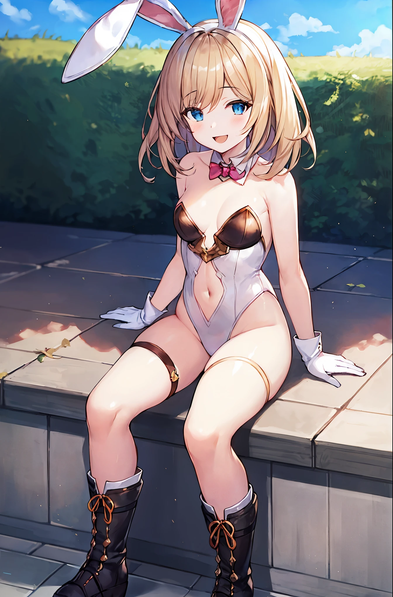 GRANBLUEfantasy,ung_teeirl,brown_hair,medium_bob_hair,platina_blond_hair,white_leotard,covered_crotch,thigh-highs,smile,standing,bluesky_landscape_background,slightly_spread_legs,happiness, short_gloves ,solo, r18, navel,relicbuster,short,boots,open_mouth,sitting,knees,blush,shy,bunny_ears