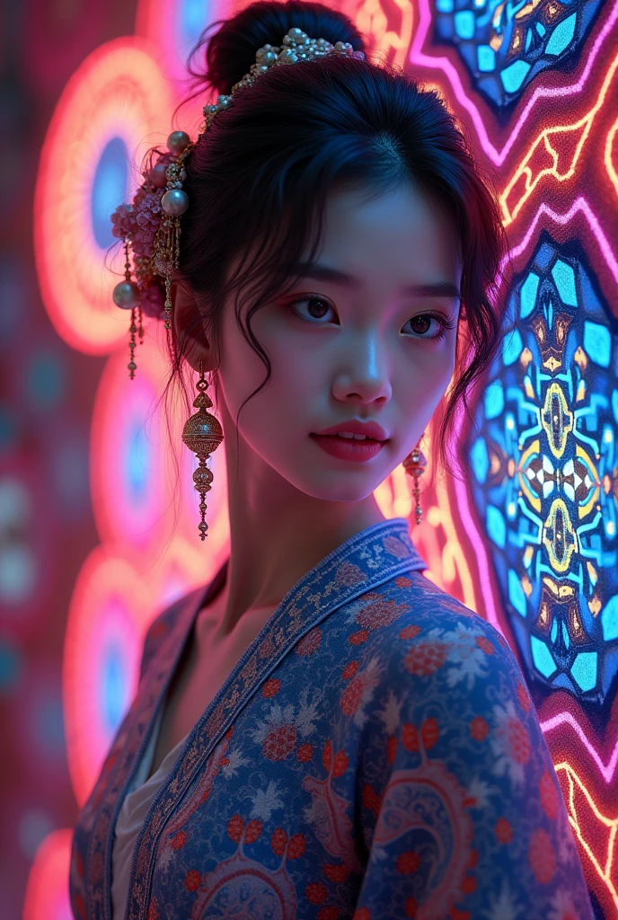 (masterpiece, Top quality, best quality, Official Art, beautiful and aesthetic:1.2), (1 Girl:1.3), Extremely detailed,(Fractal Art:1.2),rich and colorful,The most detailed,( Zentangle neon light:1.2), (Dynamic poses), (Neon geometric background:1.5), (Traditional clothing:1.2), (Glowing skin), (Many colors:1.4), Upper Body ,neon,16K,Full HD