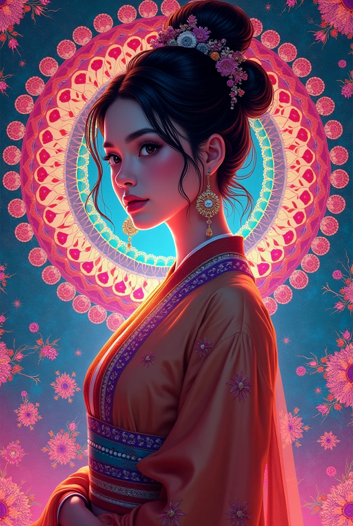 (masterpiece, Top quality, best quality, Official Art, beautiful and aesthetic:1.2), (1 Girl:1.3), Extremely detailed,(Fractal Art:1.2),rich and colorful,The most detailed,( Zentangle neon light:1.2), (Dynamic poses), (Neon geometric background:1.5), (Traditional clothing:1.2), (Glowing skin), (Many colors:1.4), Upper Body ,neon,16K,Full HD