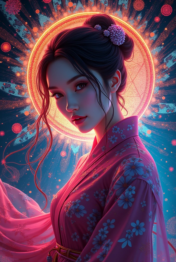 (masterpiece, Top quality, best quality, Official Art, beautiful and aesthetic:1.2), (1 Girl:1.3), Extremely detailed,(Fractal Art:1.2),rich and colorful,The most detailed,( Zentangle neon light:1.2), (Dynamic poses), (Neon geometric background:1.5), (Traditional clothing:1.2), (Glowing skin), (Many colors:1.4), Upper Body ,neon,16K,Full HD