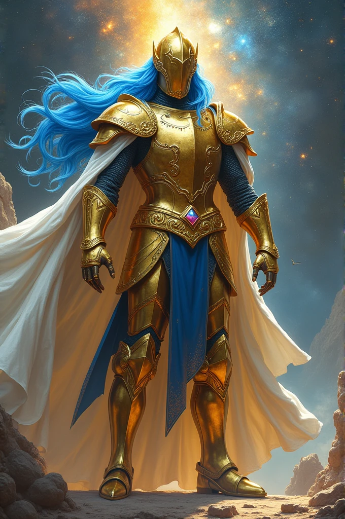 Golden Knight, Gemini Saga Long Blue Hair, white coat on the outside, blue on the inside 