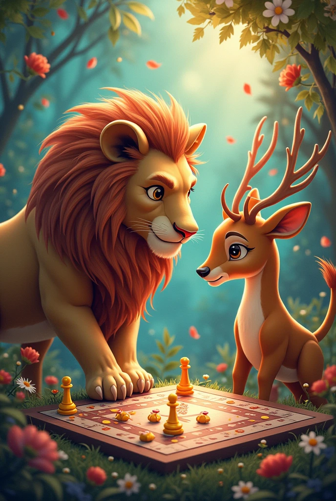 The lion and the deer are playing Ludo.