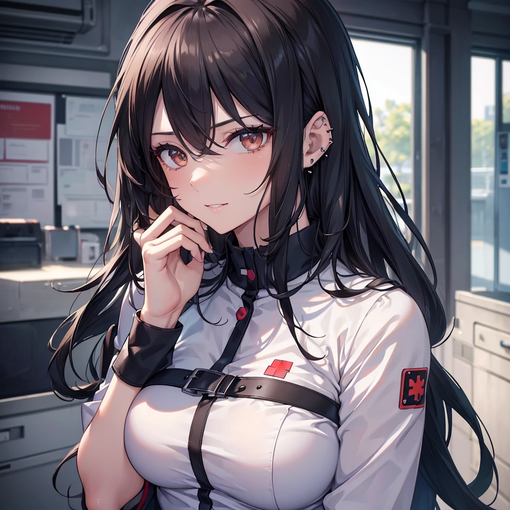 a nurse with long dark hair, piercing gaze, and a stern expression, no cap, full body view, high resolution, detailed, anime-style illustration, beautiful black hair, almond-shaped eyes, brown eyes, looking down with an intense, psychotic demeanor, large breasts, no piercings, smile,(best quality,4k,8k,highres,masterpiece:1.2),ultra-detailed,(realistic,photorealistic,photo-realistic:1.37)
