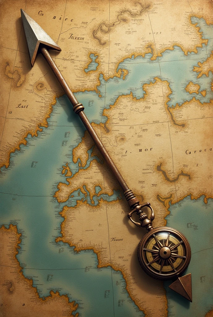 An arrow with a body like this one has a compass rose, a pocket watch and an anchor as a tip with a trail above a map seen from above