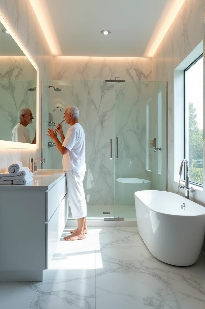 The perfect bathroom is bright and elegant, with a white marble floor. A glass rain shower, next to a freestanding bathtub in front of a large mirror with LED lighting, a white sink, a cabinet that stores towels and products.

 My tall, white-haired grandfather goes early every morning. He showers under the rain effect, enjoying the hot water, shaves in front of the illuminated mirror and dries himself with towels.