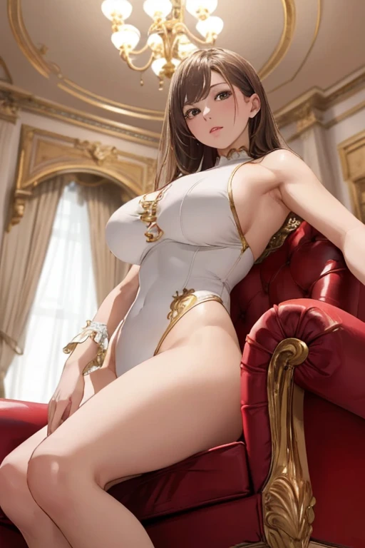 ((Best Quality)), ((masterpiece)), (detailed), 1 girl, with white leotard with gold, Brown eyes, sitting in an armchair, big breasts, who is 21 years old,((Whole body)), ((view from below))