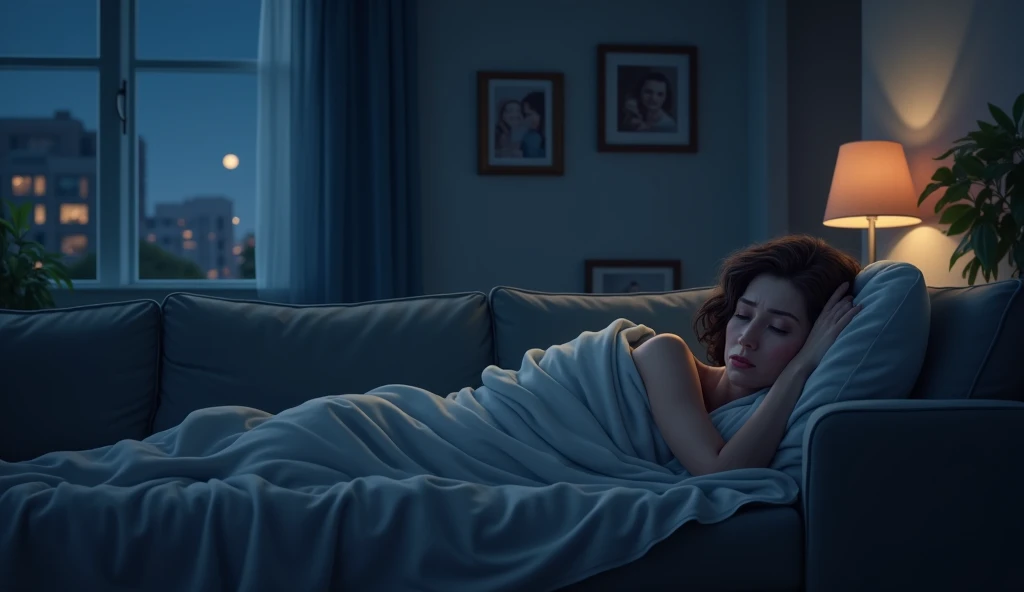 Night scene in a modern living room, a mother lying awake on a sofa, thoughtful and slightly troubled expression, dim lighting, soft blanket, family photos on the wall, introspective mood, realistic, cozy atmosphere, soft shadows.