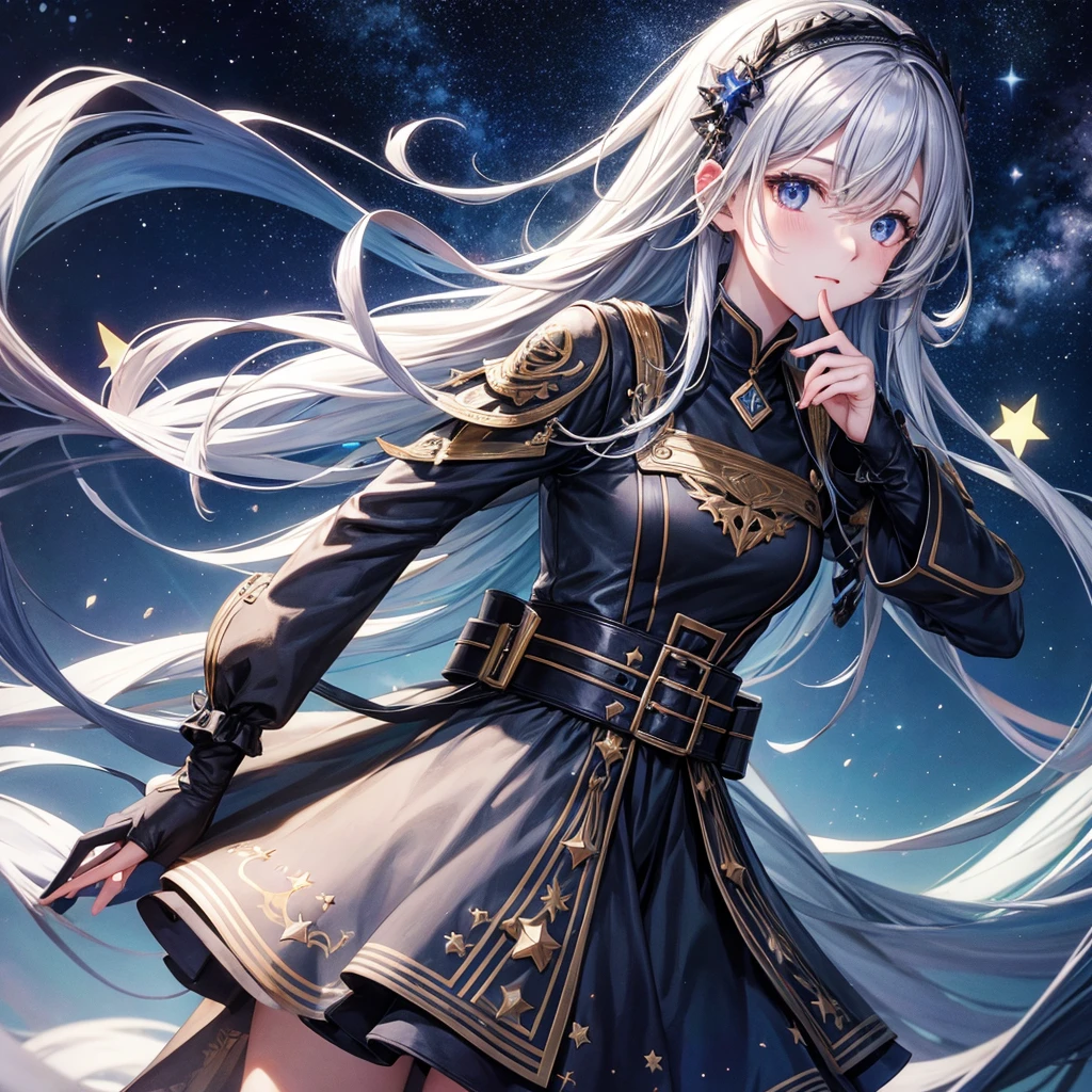 Odd Eye、One Woman、Gray Hair、High quality、Highest quality、high resolution、Starry Sky、