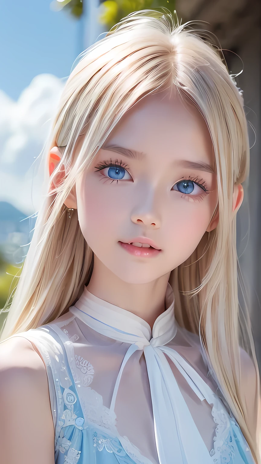 True Photo Quality、A beautiful girl、Extraordinary sexy beauty、Beautiful calm and bright expression、Sexy refreshing look、Long bangs that fall on a perfect beautiful cute face、Super long blonde straight silky hair、blonde on a beautiful face、Very cute beautiful sexy young little woman、Very perfect beautiful cute face、Beautiful bright sky blue eyes、Very big eyes、Hair above the eyes、片Hair above the eyes、Hair between the eyes、Very radiant white skin、Cheek gloss、Small Face Beauty、round face