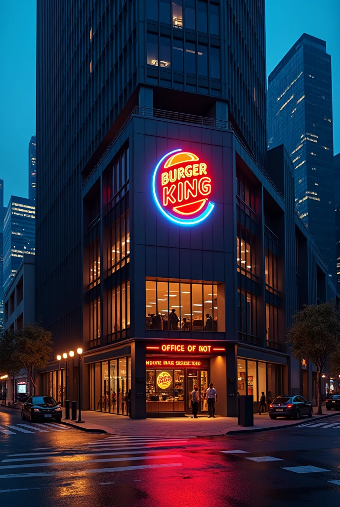 Office Building, Luminous Burger King logo Neon hanging in the window, 8k, High Quality, store facade, Night, Photorealistic