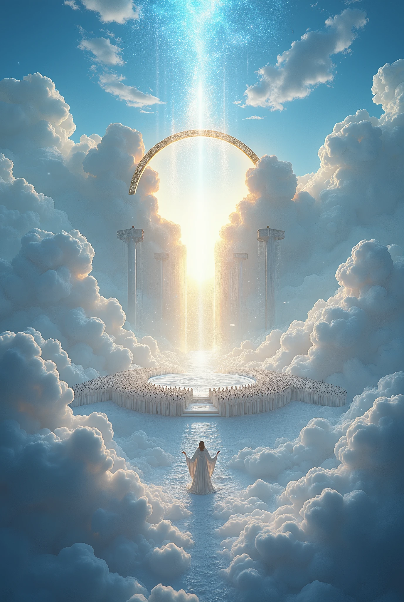 a vision of heaven filled with thousands upon thousands of angels, myriad of myriads of angels around a radiant throne , throne like ice covered with precious stones, bright as the sun, the sky with beautiful white clouds, a celestial arch above the throne, 