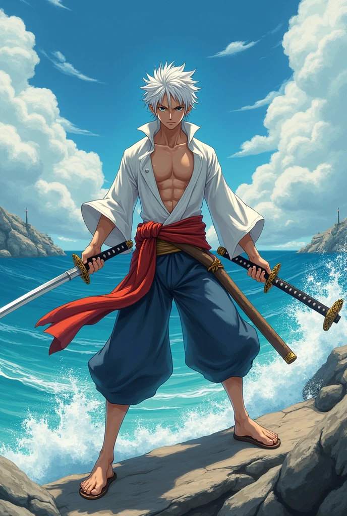 I want a male character that is inspired by the world of One Piece, that is white, thin, that has two katanas like Tenge Uzui's and that is a pirate.