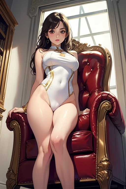 ((Best Quality)), ((masterpiece)), (detailed), 1 girl, with white leotard with gold, Brown eyes, sitting in an armchair, big breasts, who is 21 years old,((Whole body)), ((view from below))