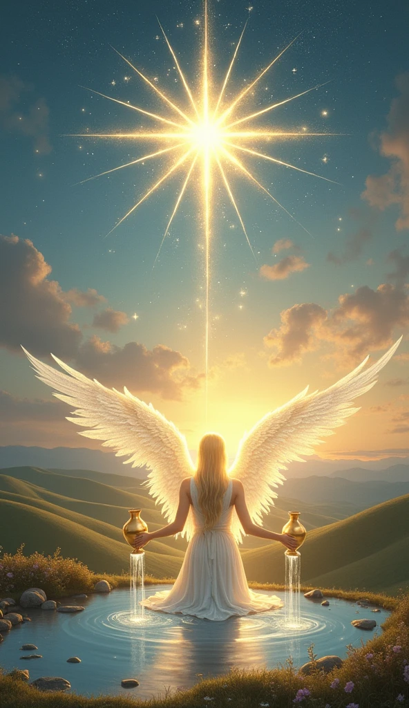 Create an ethereal and uplifting image for "The Inspiration" card, inspired by "The Star" card in the traditional Rider-Waite Tarot. The central figure is a radiant angel, symbolizing hope, guidance, and divine inspiration. The angel is gracefully positioned at the center of the scene, with a soft, glowing aura that illuminates the surroundings. Her wings are delicate and shimmering, like they’re made of pure light, gently unfurling behind her.
The angel is depicted kneeling by a tranquil, crystal-clear pool of water, which reflects the starry night sky above. She holds two golden urns—one in each hand—pouring out an endless stream of luminous water. The water from one urn flows gracefully into the pool, symbolizing the nourishing of the soul and the subconscious. The other urn pours the water onto the lush green ground, representing the flow of divine inspiration into the material world. The streams of water should glow with a soft, magical light, emphasizing their divine nature.
Above the angel, a magnificent star shines brightly in the night sky, surrounded by seven smaller stars, each glowing with a serene light. These stars represent the connection between the divine and the earthly, guiding the viewer towards hope and inspiration. The large central star radiates a warm, inviting light, casting a gentle glow over the entire scene.
In the background, a vast, open landscape unfolds, with rolling hills bathed in the soft, ethereal light of dawn, symbolizing new beginnings and the promise of a brighter future. The sky is painted with shades of deep blue and violet, transitioning into the warm hues of sunrise, creating a peaceful and hopeful atmosphere.
The entire composition should evoke a sense of calm, renewal, and divine inspiration, capturing the essence of "The Star" while infusing it with the celestial beauty and grace of the angelic realm for the Lumen Angelis deck.