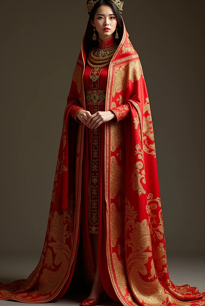 A red and gold outfit with patterns reminiscent of equality charts and scales. He wears a cloak that transforms into a resource redistribution hologram..