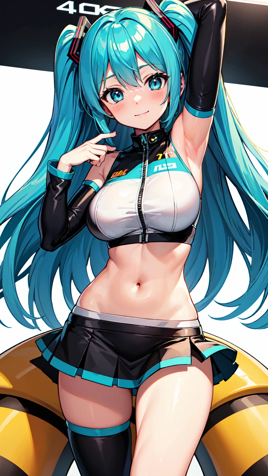 ((Tabletop, Highest quality, High resolution, Hmph, Pixel perfect, Depth of written boundary, 4K, )), One Girl, alone, , Beautiful Anime, Beautiful art style, close, View your viewers, Perfect body, Hatsune Miku・VOCALOID, Light blue hair, (Large Breasts), belly button, Blush all over face, smile, Thighs Thighs Thighs Thighs, ((Race Queen)), mini skirt, High leg, White Background, Take the lead, Raise the checkered flag, Cowboy Shot, concentrated,