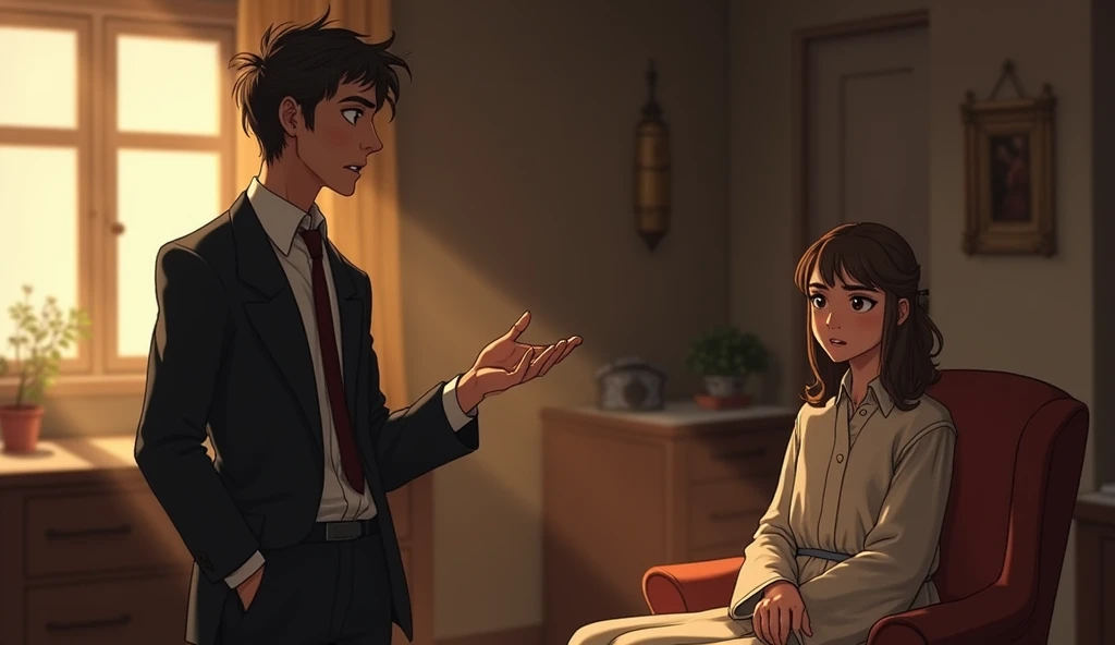 In a modest room, Cleanto, a smart and well-dressed young man, Is standing, speaking with enthusiasm and emotion. He has an expression of nervousness and sincerity. In front of him, your servant, who wears simple and modest clothes, he is sitting, showing an expression of surprise and attention. The room has basic furnishings and a warm atmosphere.. The light is soft, creating an intimate atmosphere. Cleanto could be gesturing with his hands while speaking, and the servant listens in amazement.