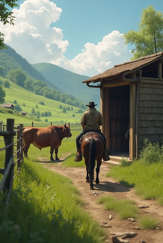 Like a muleteer (farmer) arrives at a shelter (for one person) horse riding, and that he is going to enclose the cattle in a green area but that it is closed around the perimeter by a fence.