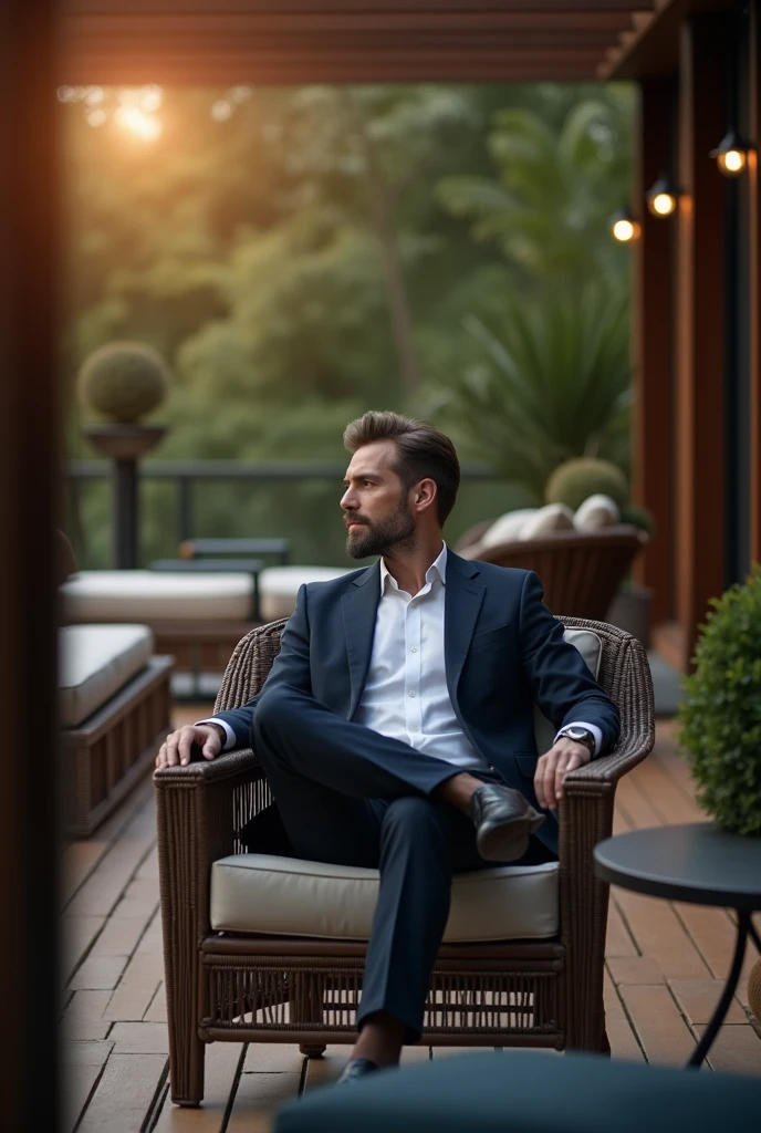 business men sitting on his office deck, The background features blurred out luxury furniture and decor, with an extra deep blur to ensure the focus remains solely on him. The overall scene is cinematic and intimate, with a shallow depth of field creating a strong bokeh effect