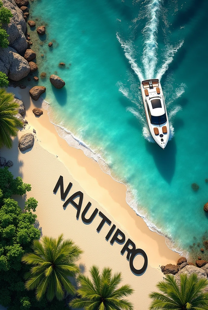 The image shows an aerial view of a palm-fringed beach. A sports boat can be seen in the water at the beach. in the sand, the words are written in large letters "NAUTIPRO". The combination of tropical vegetation and sandy shore creates an interesting contrast in the image..
