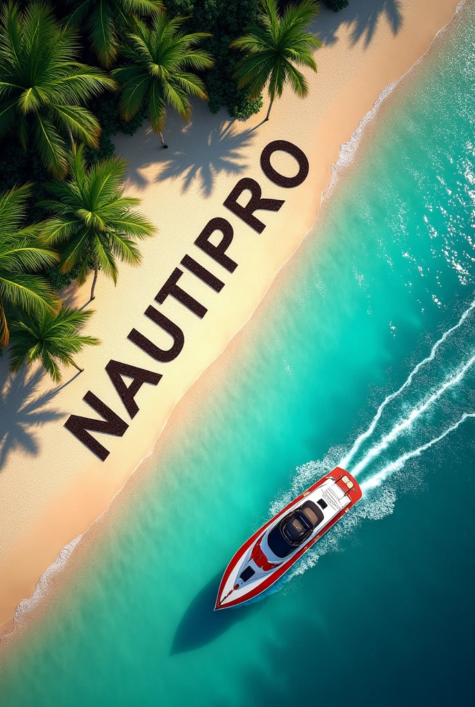 The image shows an aerial view of a palm-fringed beach. A sports boat can be seen in the water at the beach. in the sand, the words are written in large letters "NAUTIPRO". The combination of tropical vegetation and sandy shore creates an interesting contrast in the image..
