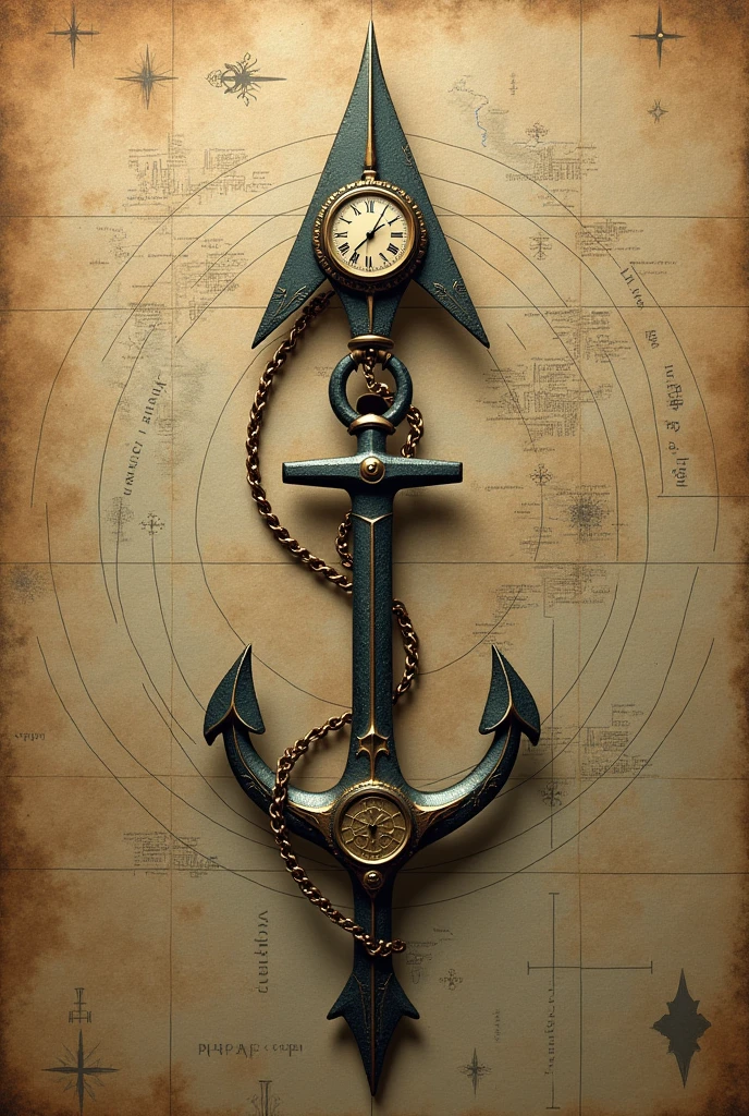 An arrow with a body like this one has a compass, a pocket watch and an anchor as a tip with a trail above a map seen from above