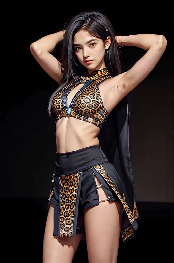 Black background with spotlight,１people々((Dark Skin:1.5,Dark brown eyes:1.4,Black Hair:1.3,Gal Style,big ,)), Leopard print underwear、rinwell , beautiful girl、Raise your hands to show your sweaty armpits,
