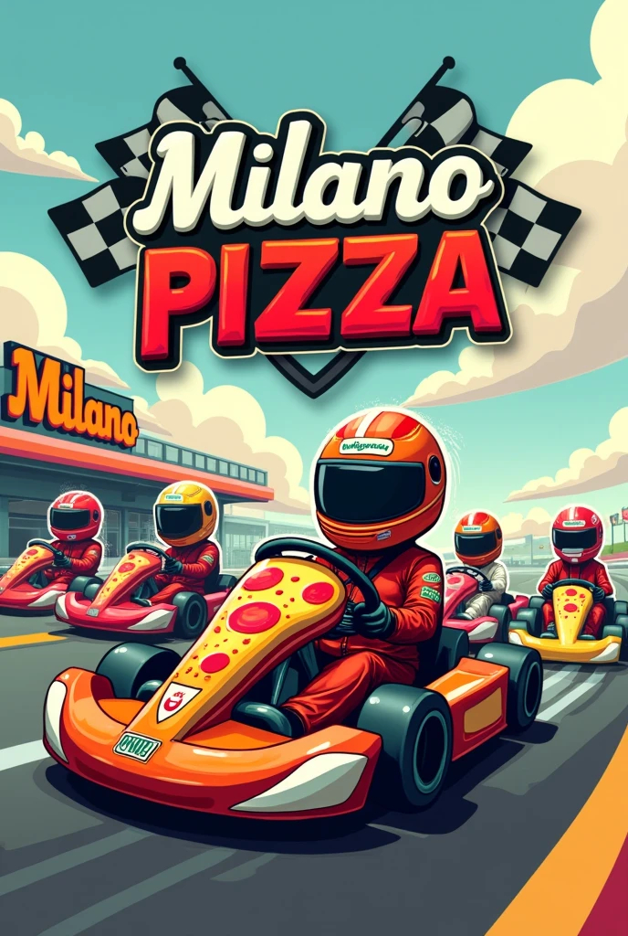 Logo  et personnages racing pour ma pizzeria " Milano Pizza " incluant  le karting électrique partenaire juste a côté 
